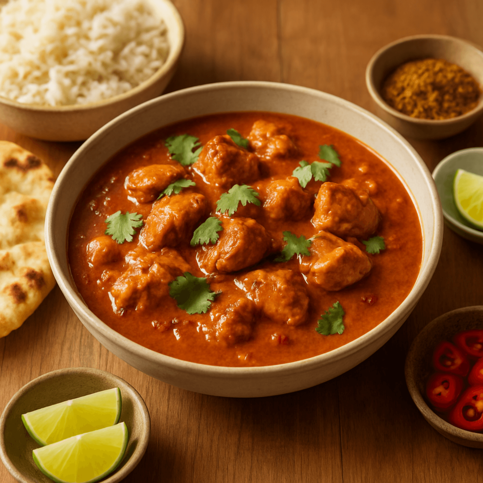 Madras curry in a bowl — deep red British Indian restaurant-style curry with visible spices
