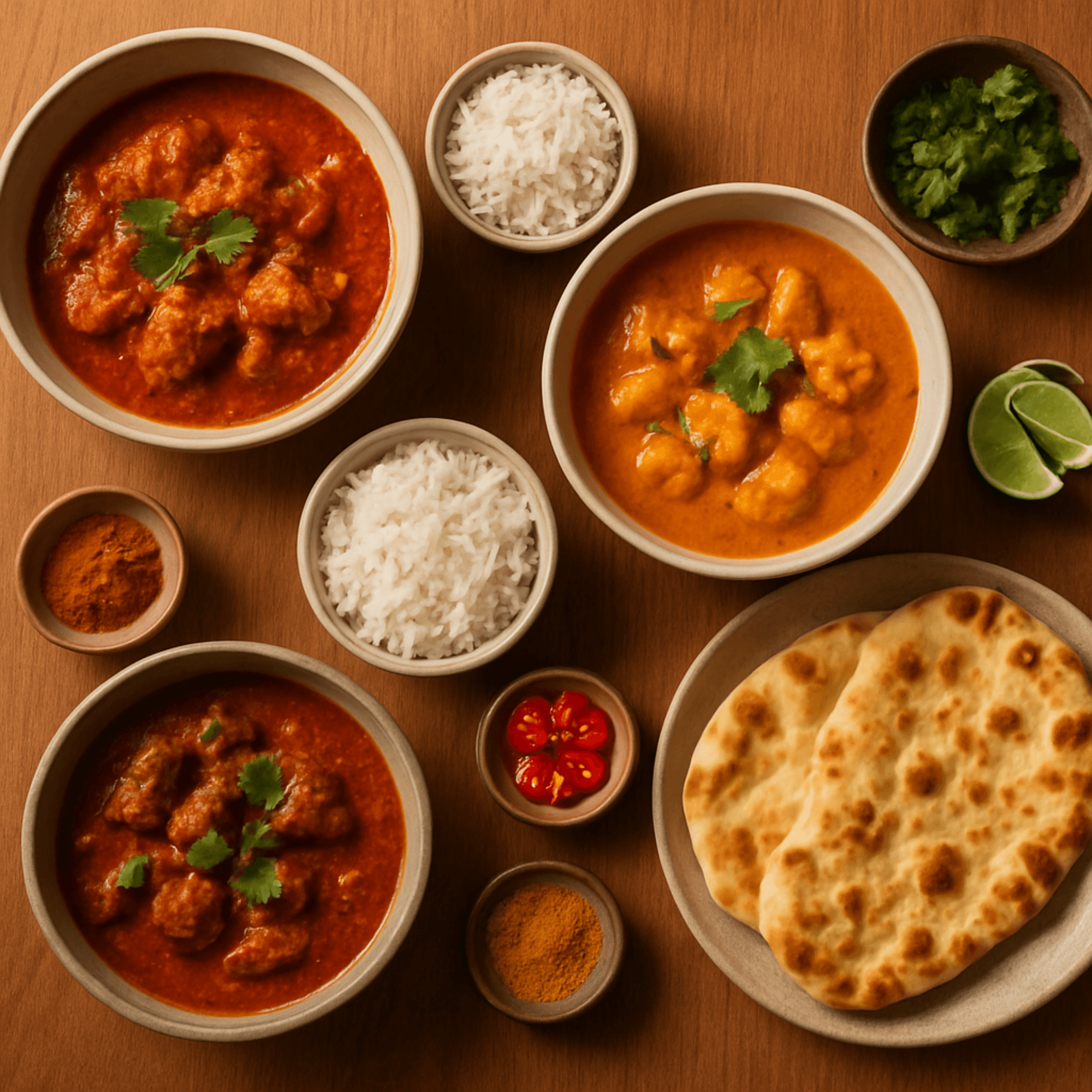 Curry night dishes on a warm wooden table