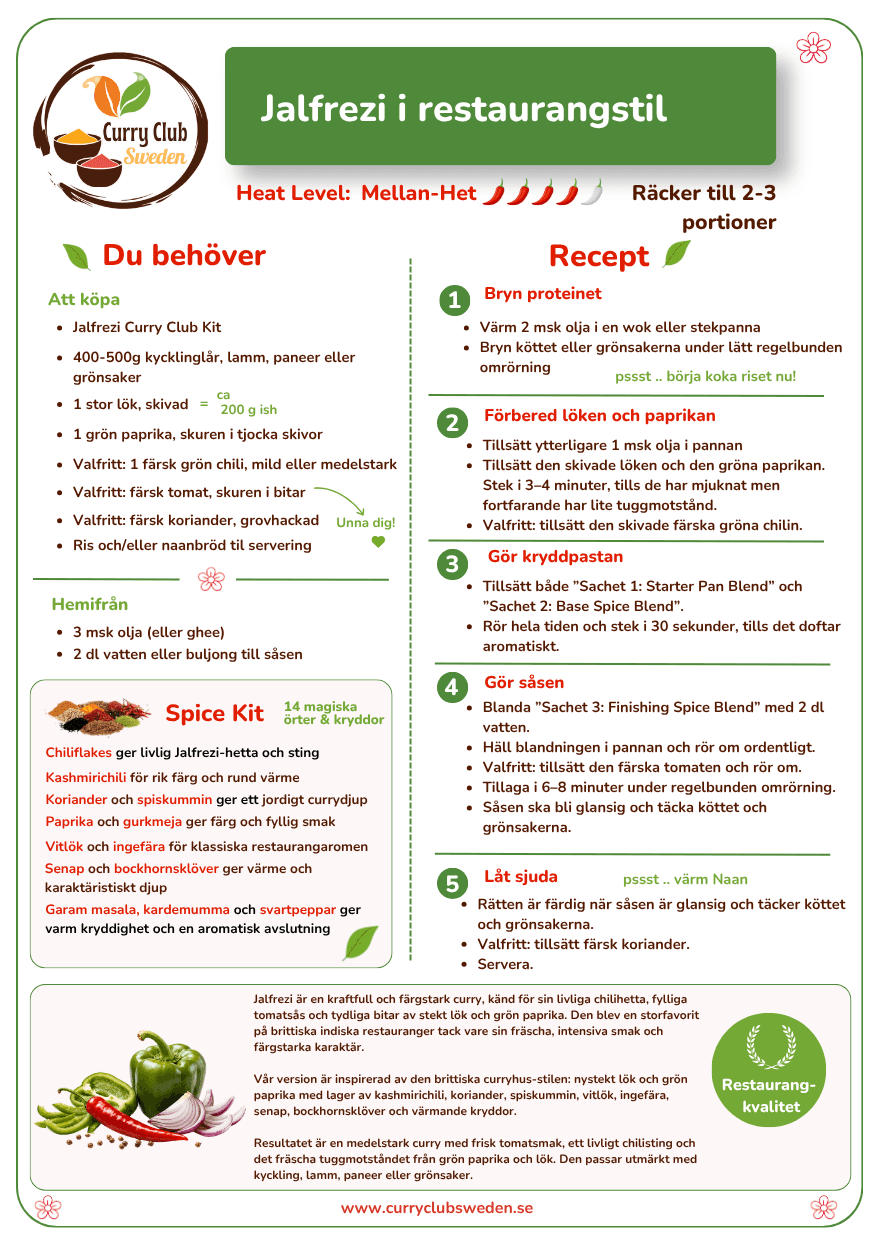 Svenskt receptkort för Curry Club Jalfrezi