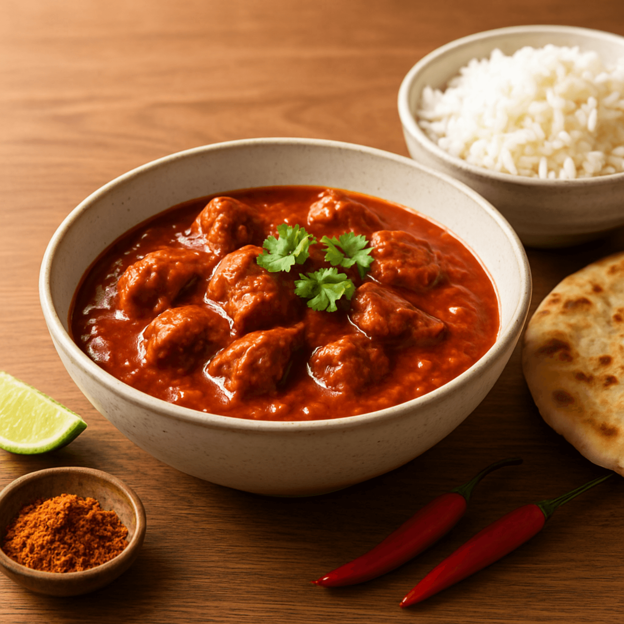 Rogan josh curry in a bowl — rich tomato-coloured British Indian restaurant-style curry with coriander
