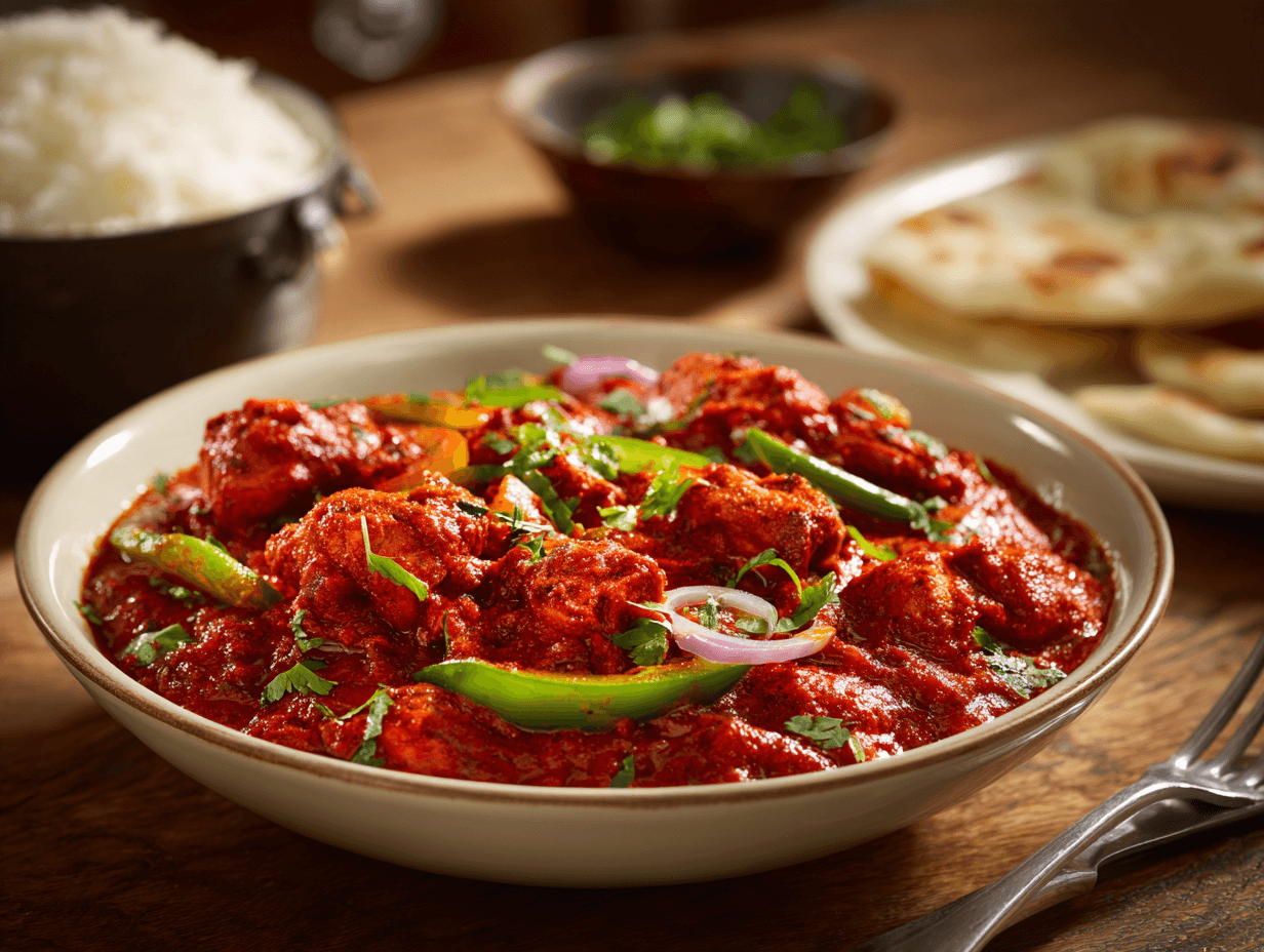 Jalfrezi curry in a bowl — British Indian restaurant-style curry with onion and green pepper